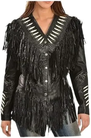 Women's Genuine Grain Leather Western Cowgirl Jacket with Beaded Fringe Native American Style (US, Alpha, Large, Regular, Regular, Full Black)