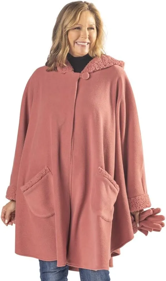 Women’s Hooded Tonal Sherpa Trimmed Wrap with Matching Gloves | Winter Collection | One Size Fits All