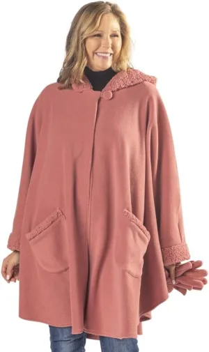 Women’s Hooded Tonal Sherpa Trimmed Wrap with Matching Gloves | Winter Collection | One Size Fits All