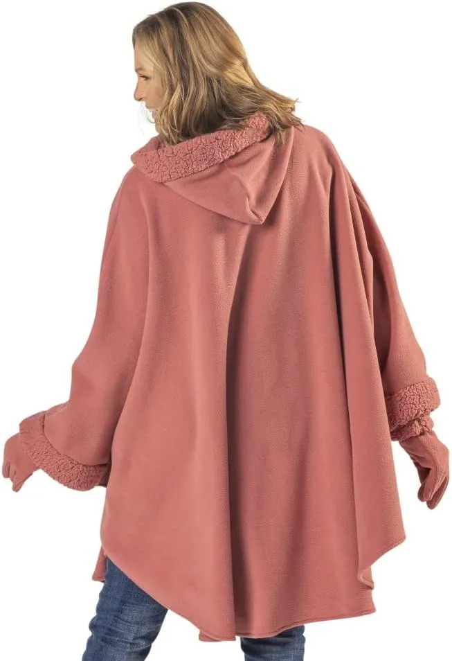 Women’s Hooded Tonal Sherpa Trimmed Wrap with Matching Gloves | Winter Collection | One Size Fits All