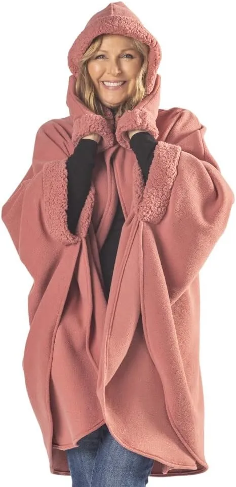 Women’s Hooded Tonal Sherpa Trimmed Wrap with Matching Gloves | Winter Collection | One Size Fits All