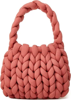 Women's Knit Clutch Bag Handmade Woven Polyeater Knit Satchel Purse Handbag Shoulder Solid Color Bag