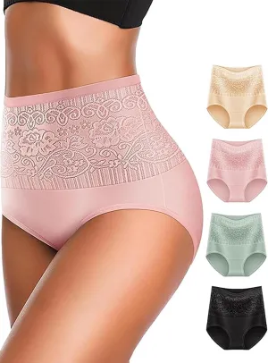 Women's Lace Trim High Waisted Cotton Underwear Full Coverage Ladies Panties Tummy Control Briefs 4 Pack