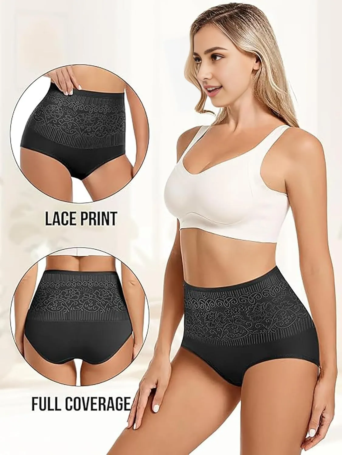 Women's Lace Trim High Waisted Cotton Underwear Full Coverage Ladies Panties Tummy Control Briefs 4 Pack