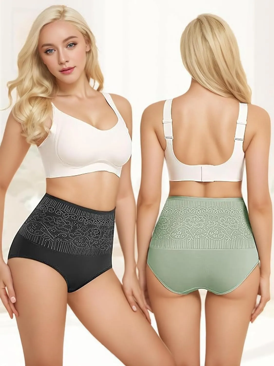 Women's Lace Trim High Waisted Cotton Underwear Full Coverage Ladies Panties Tummy Control Briefs 4 Pack