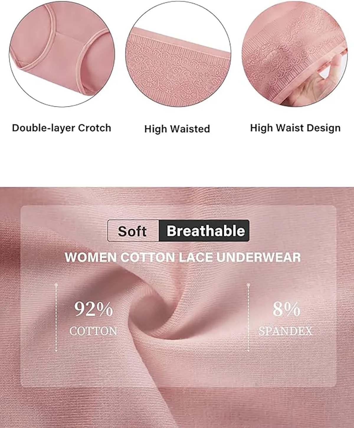 Women's Lace Trim High Waisted Cotton Underwear Full Coverage Ladies Panties Tummy Control Briefs 4 Pack