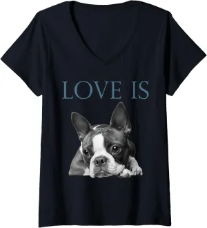 Womens Love Is Boston Terrier Bostie V-Neck T-Shirt