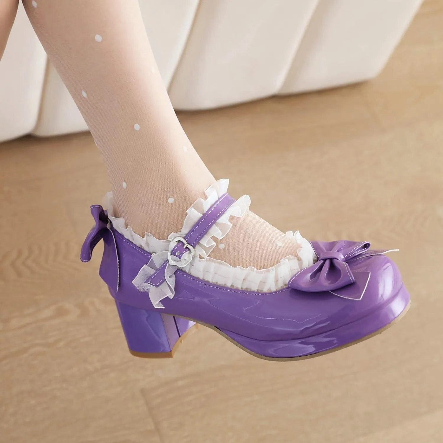 Women's Mary Jan Platform Ankle Strap Lace Heels Closed Toe Bow Chunky Round Toe Goth Heel Cosplay Dress Shoes