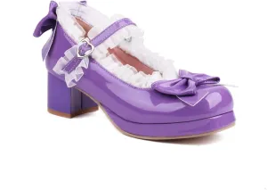 Women's Mary Jan Platform Ankle Strap Lace Heels Closed Toe Bow Chunky Round Toe Goth Heel Cosplay Dress Shoes