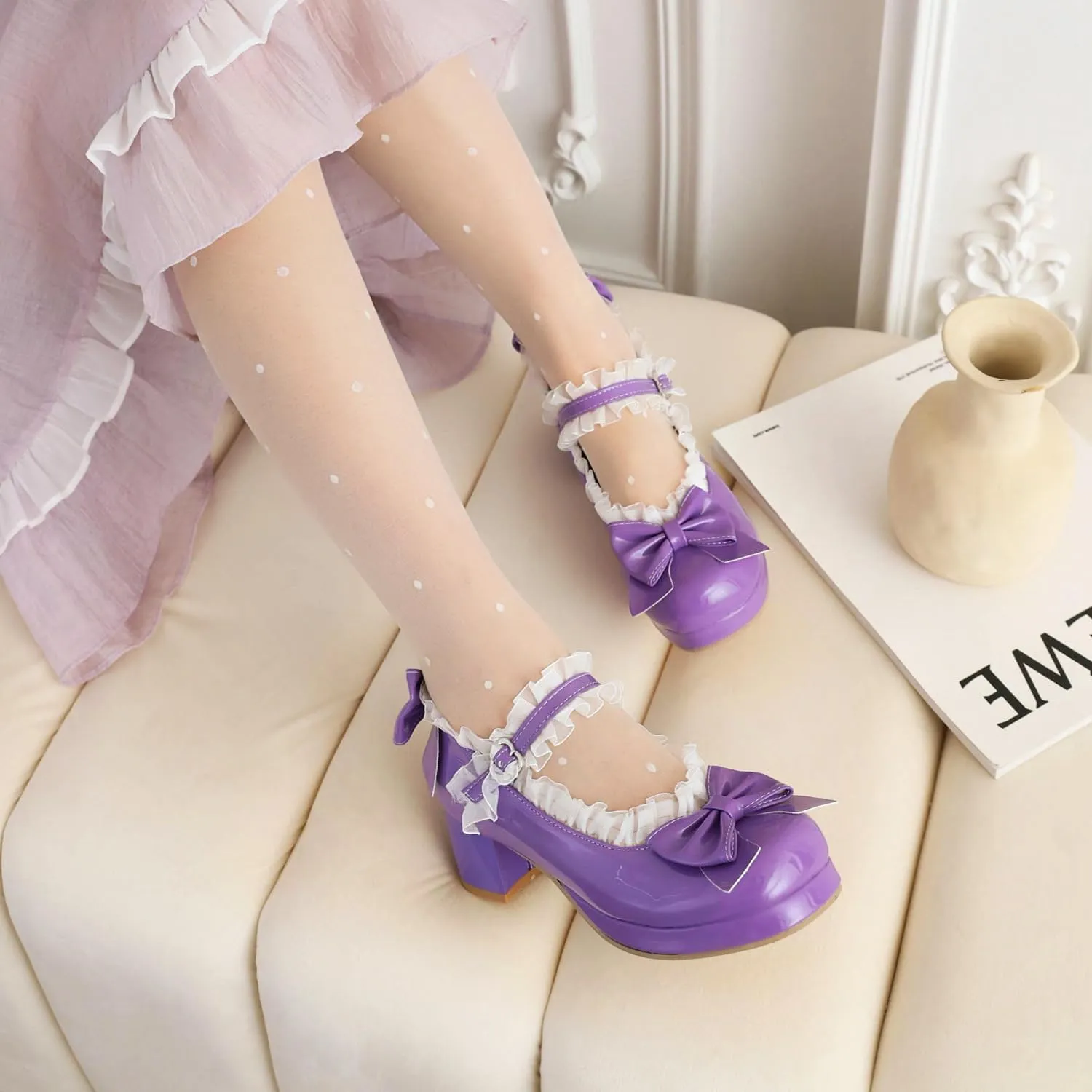 Women's Mary Jan Platform Ankle Strap Lace Heels Closed Toe Bow Chunky Round Toe Goth Heel Cosplay Dress Shoes