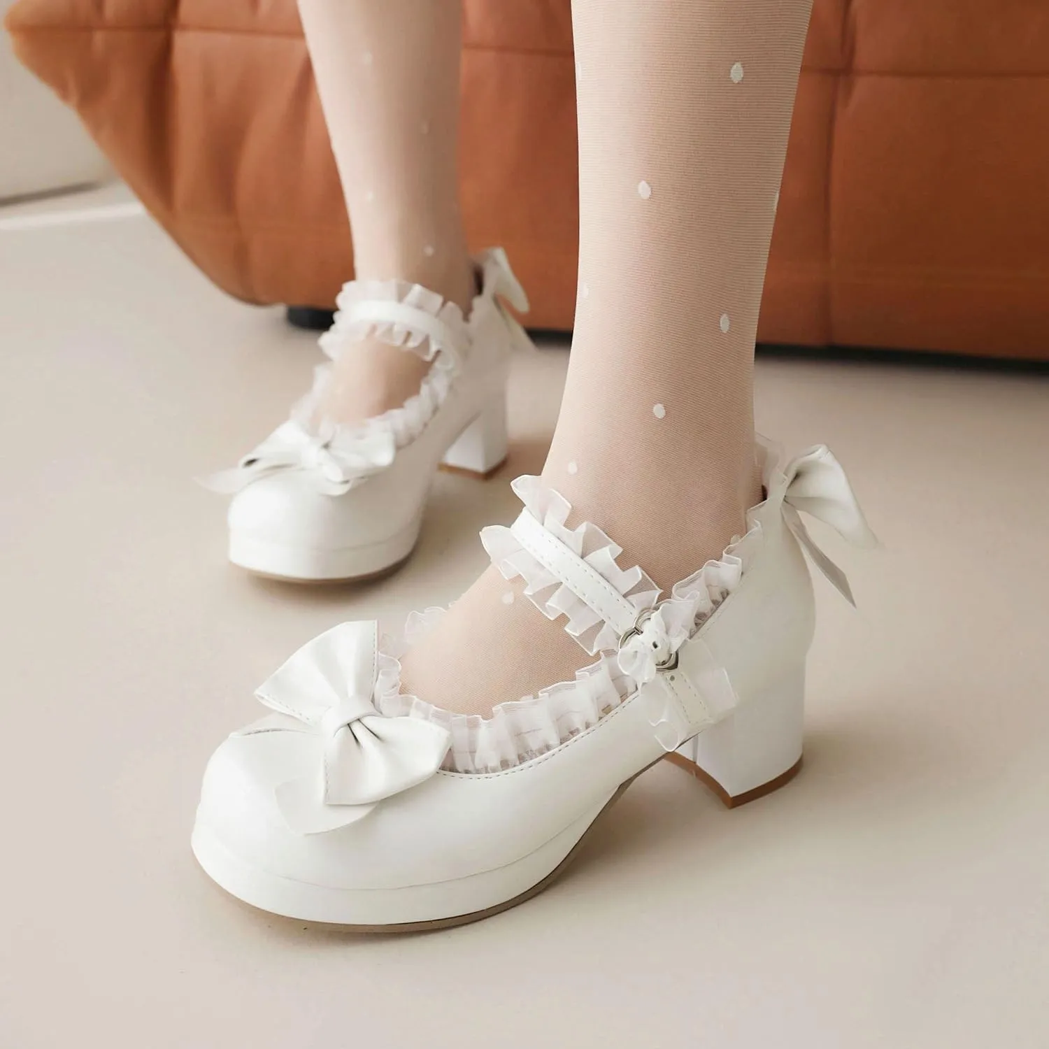 Women's Mary Jan Platform Ankle Strap Lace Heels Closed Toe Bow Chunky Round Toe Goth Heel Cosplay Dress Shoes