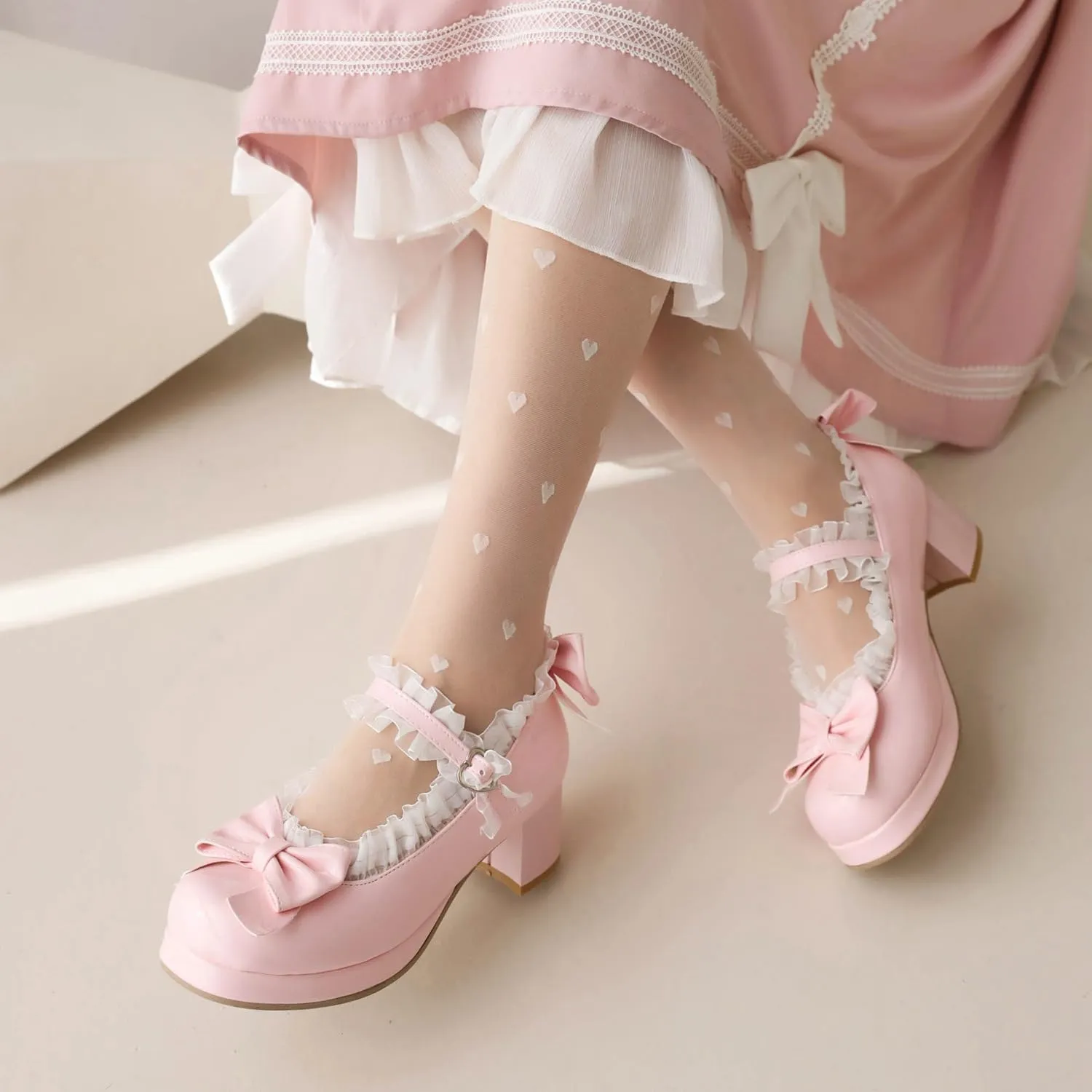 Women's Mary Jan Platform Ankle Strap Lace Heels Closed Toe Bow Chunky Round Toe Goth Heel Cosplay Dress Shoes