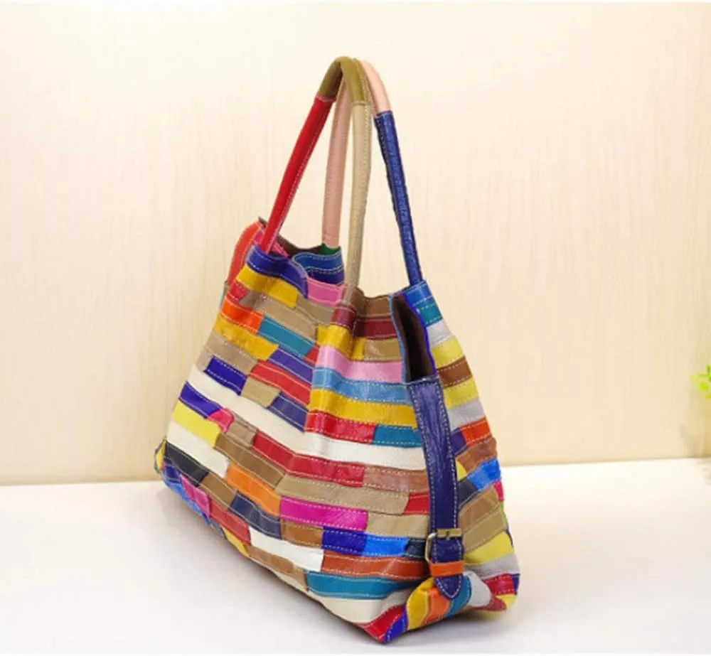 Women’s Multicolor Boston Bag Genuine Leather Colorful Large Tote Handbag Purse