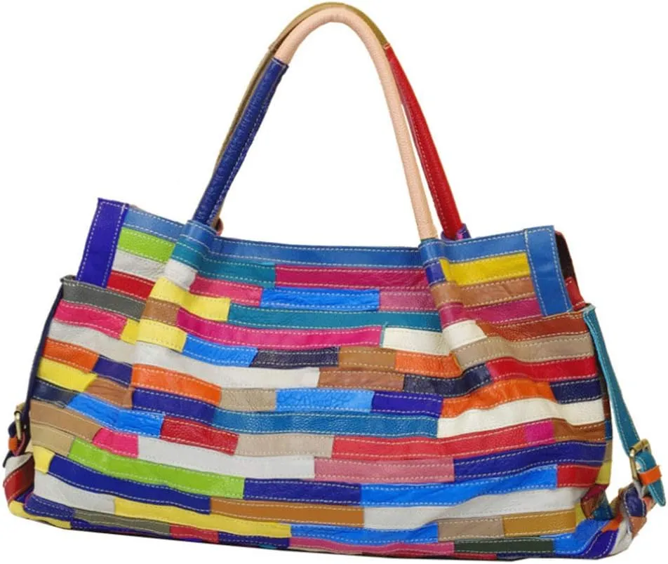 Women’s Multicolor Boston Bag Genuine Leather Colorful Large Tote Handbag Purse