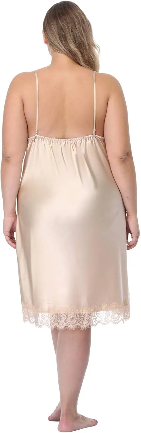 Women's Plus Size Full Slips Lace Chemise Lingeries Sexy Front Slit Negligees Silky Nightgown Sleepwear