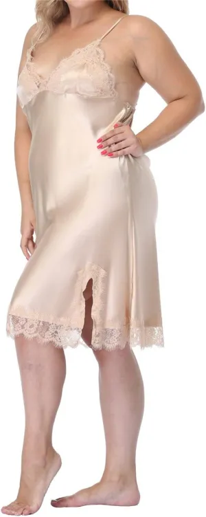 Women's Plus Size Full Slips Lace Chemise Lingeries Sexy Front Slit Negligees Silky Nightgown Sleepwear