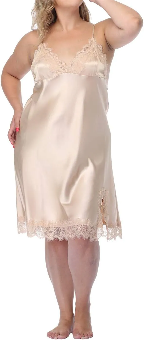 Women's Plus Size Full Slips Lace Chemise Lingeries Sexy Front Slit Negligees Silky Nightgown Sleepwear