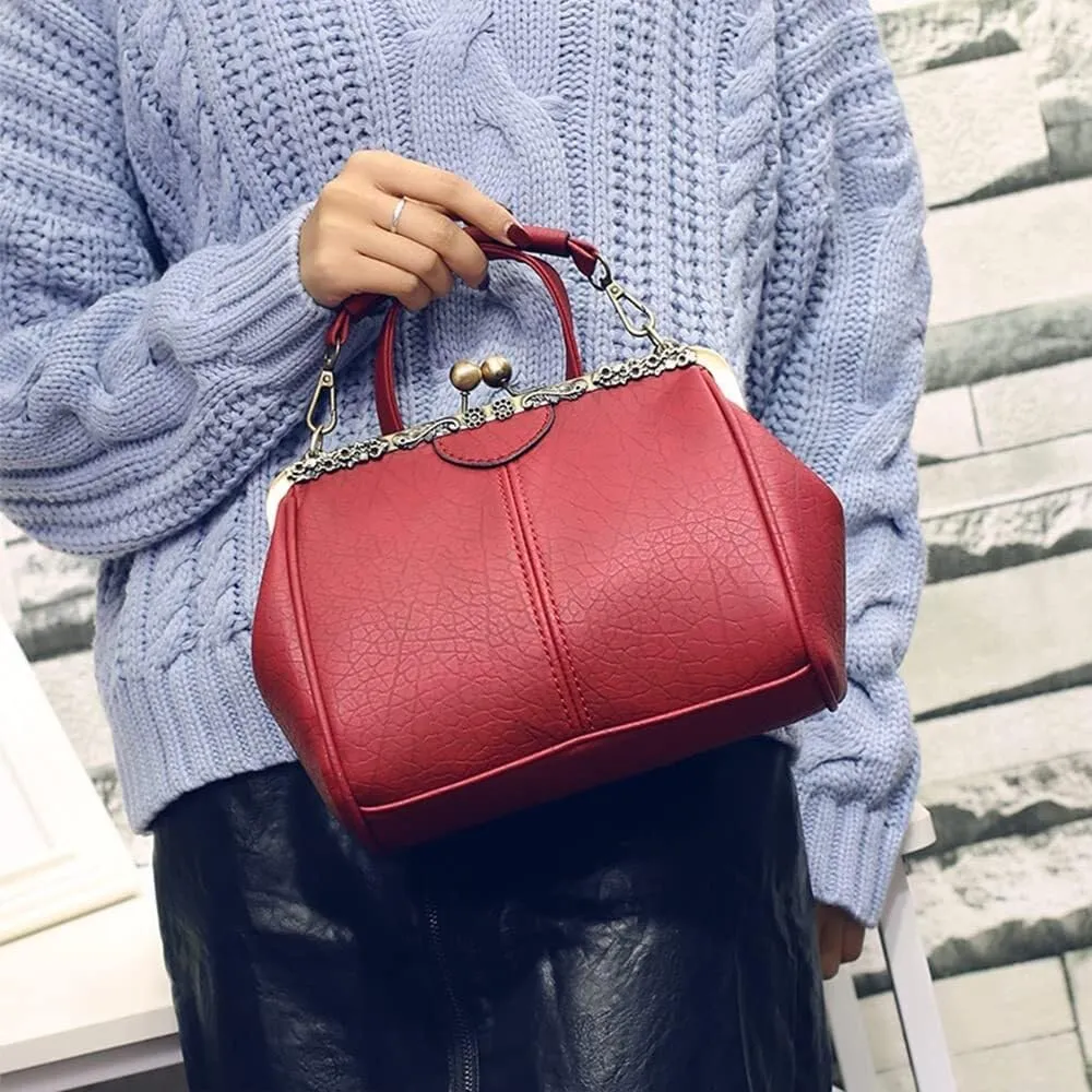 Women's Retro Handbag Shoulder Purse Graceful Tote PU Leather Crossbody Bags Satchel with Kiss Lock