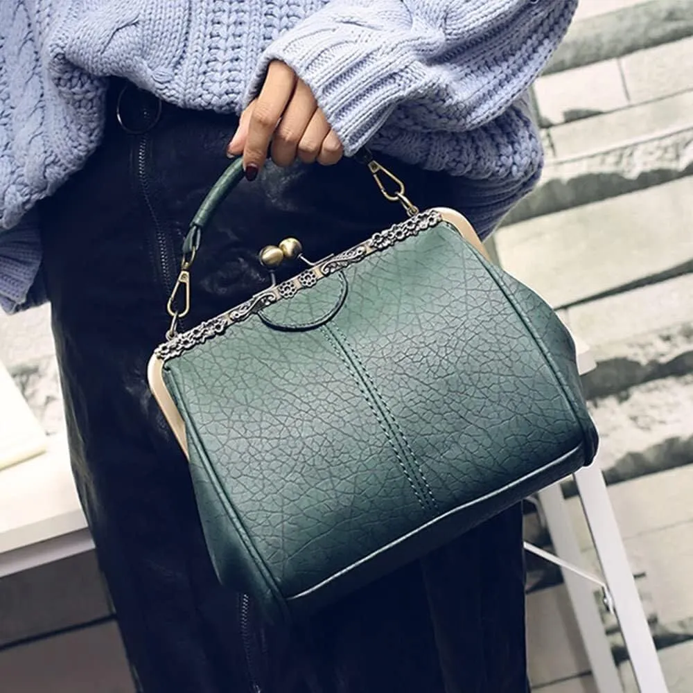 Women's Retro Handbag Shoulder Purse Graceful Tote PU Leather Crossbody Bags Satchel with Kiss Lock