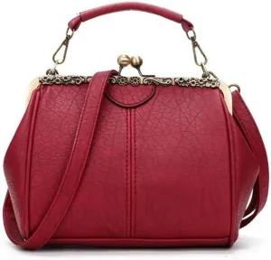 Women's Retro Handbag Shoulder Purse Graceful Tote PU Leather Crossbody Bags Satchel with Kiss Lock