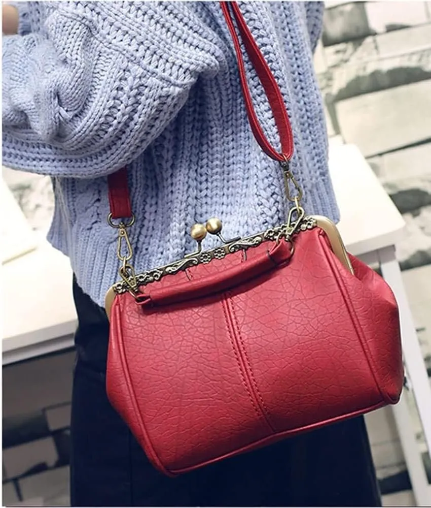 Women's Retro Handbag Shoulder Purse Graceful Tote PU Leather Crossbody Bags Satchel with Kiss Lock