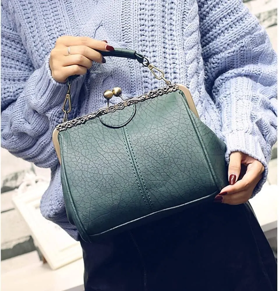Women's Retro Handbag Shoulder Purse Graceful Tote PU Leather Crossbody Bags Satchel with Kiss Lock