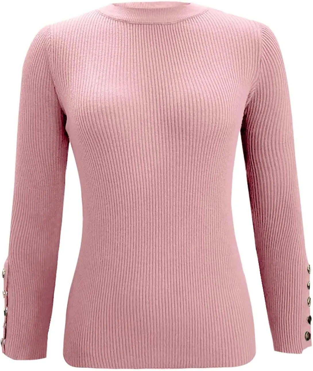 Women's Sweater Solid Casual Crew Button Long Sleeve Knitted Base Pullover Slim Fit Versatile Ribbed Stretch Tops