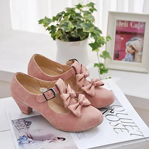 Women's Vintage T Strap Pumps with Bow, Retro Round Closed Toe Mary Jane Heels, 1920s Style Pinup Dress Vintage Shoes