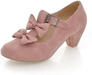 Women's Vintage T Strap Pumps with Bow, Retro Round Closed Toe Mary Jane Heels, 1920s Style Pinup Dress Vintage Shoes