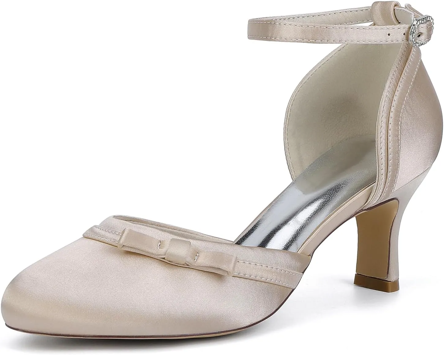 Women'sround Closed Toe Satin Pumps 6.5CM Bow Kitten Heel Bridal Shoes Ankle Strap Wedding Prom Party Dress Comfortable Bridesmaids