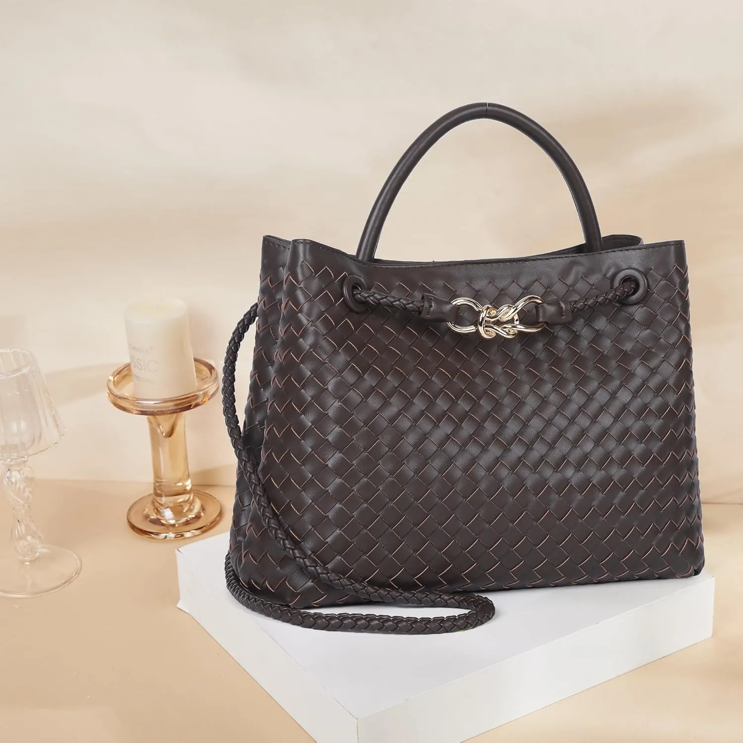 Woven Tote Bag for Women Crossbody Handbag,Vegan Leather Large Tote Purse,Trendy Satchel Handbag Bowknot Shoulder Bag