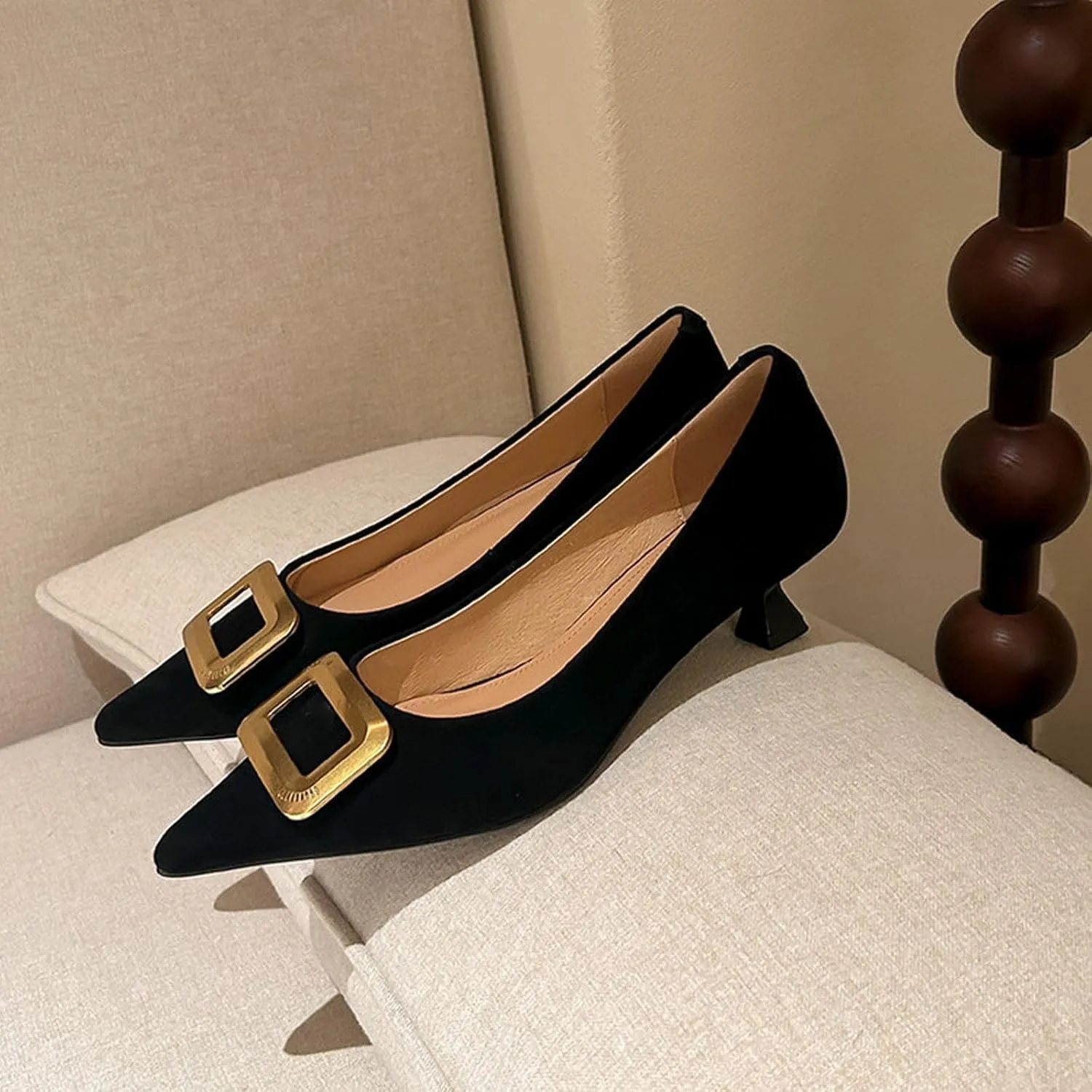 XIEDA Women's Genuine Leather Suede Kitten Heels Pointed Toe Comfortable Work Pumps Dress Shoes