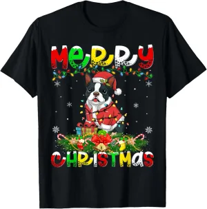 Xmas Lighting Santa Boston Terrier Dog Merry Christmas T-Shirt