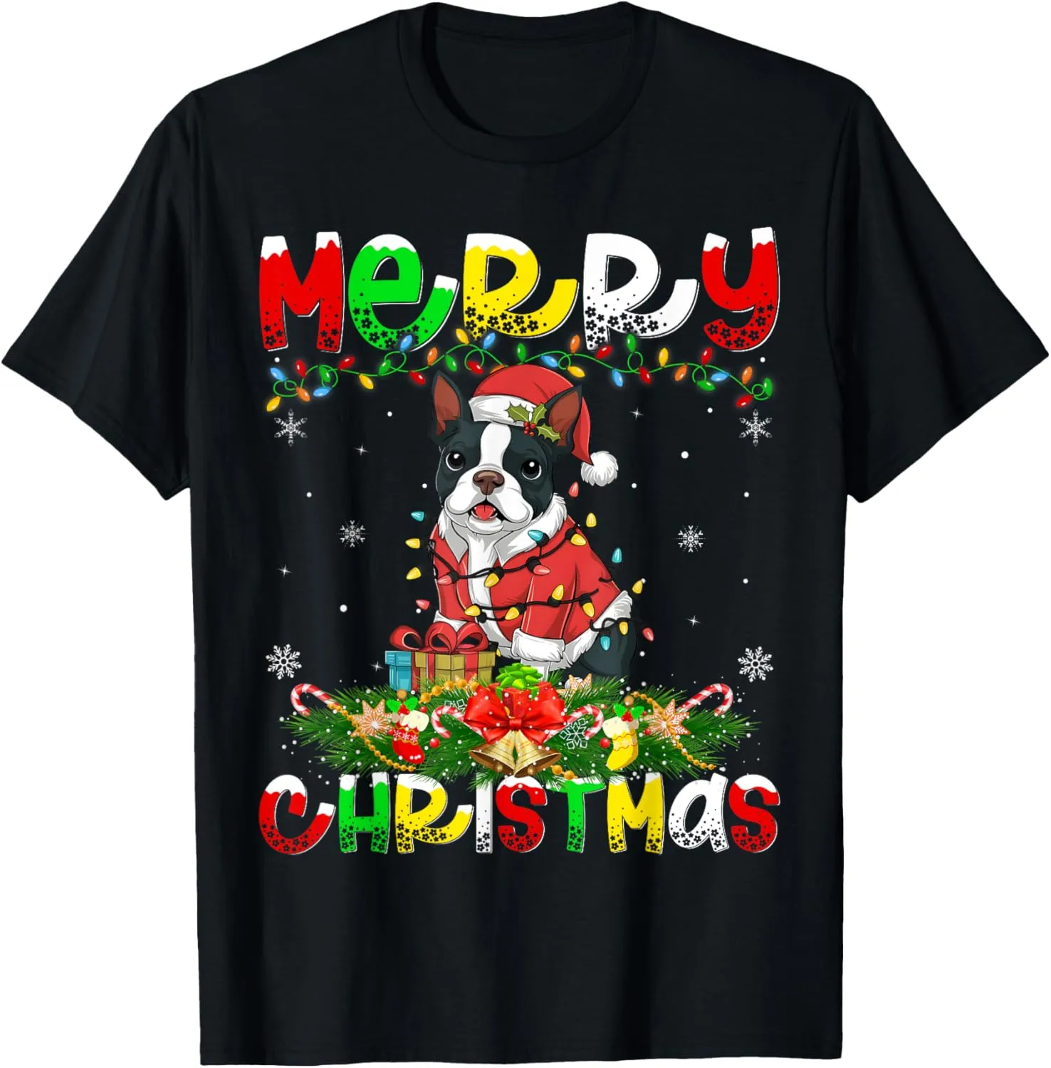 Xmas Lighting Santa Boston Terrier Dog Merry Christmas T-Shirt