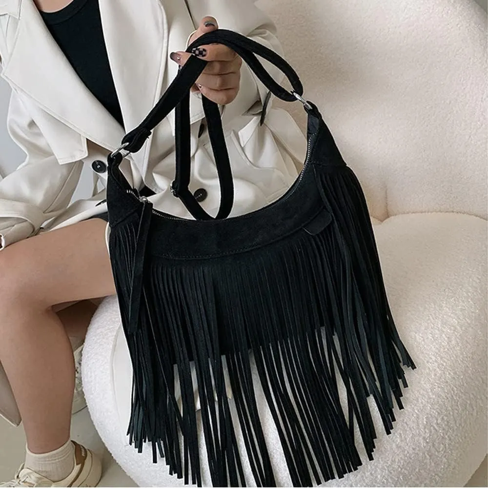 XXGJOALD-Fringe Crossbody Bag for Women Vintage Suede Hobo Purse Handbags Shoulder Bag Bohemian Messenger Bags Zip Satchel