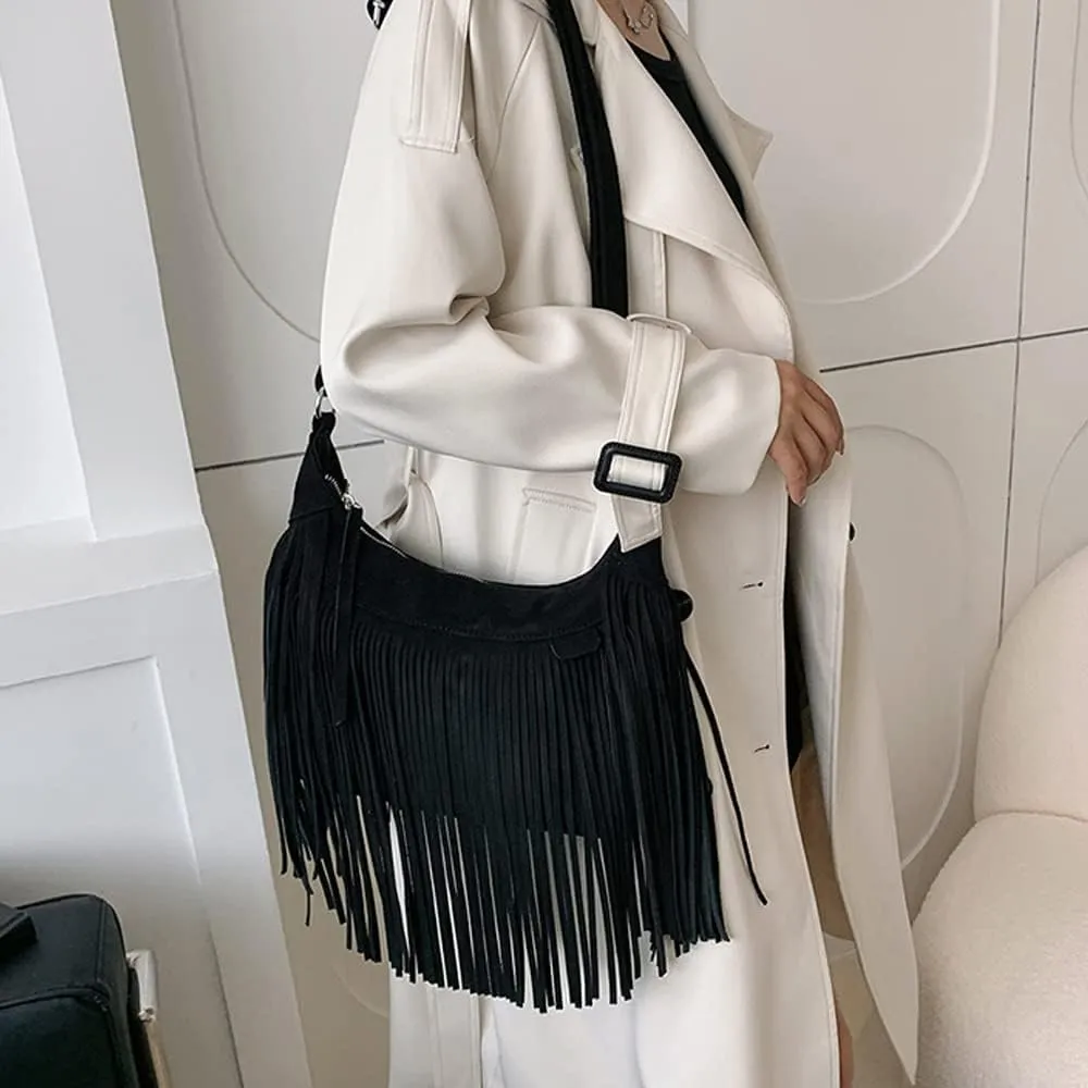 XXGJOALD-Fringe Crossbody Bag for Women Vintage Suede Hobo Purse Handbags Shoulder Bag Bohemian Messenger Bags Zip Satchel
