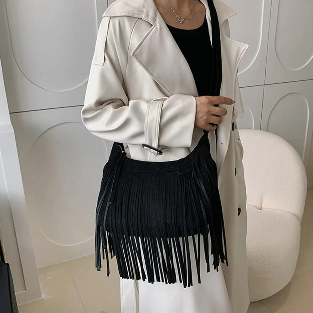 XXGJOALD-Fringe Crossbody Bag for Women Vintage Suede Hobo Purse Handbags Shoulder Bag Bohemian Messenger Bags Zip Satchel