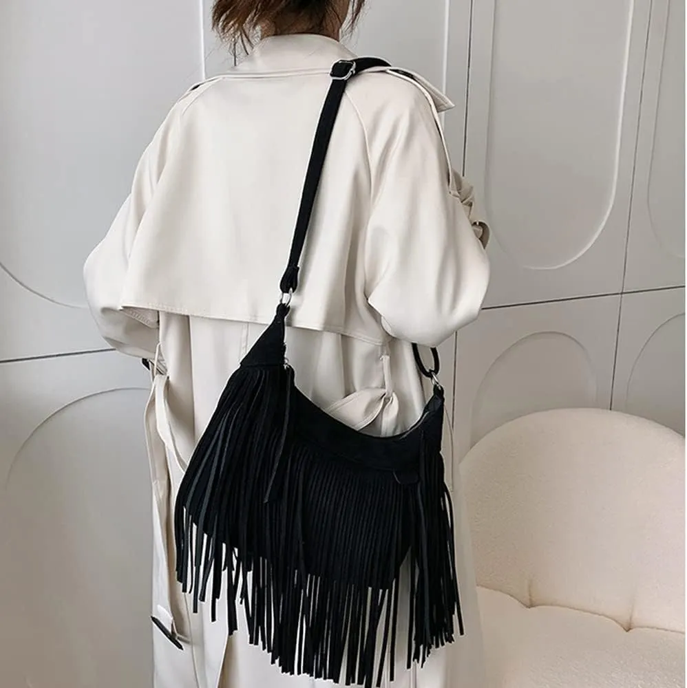 XXGJOALD-Fringe Crossbody Bag for Women Vintage Suede Hobo Purse Handbags Shoulder Bag Bohemian Messenger Bags Zip Satchel