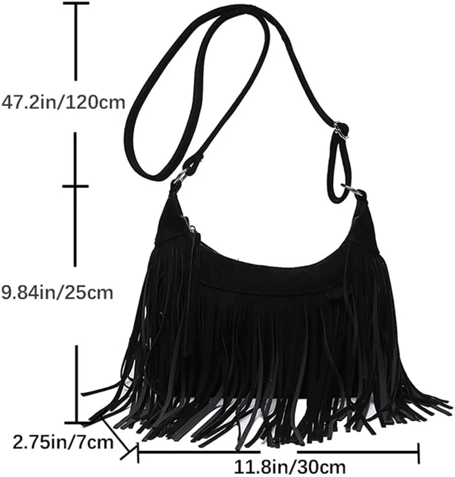 XXGJOALD-Fringe Crossbody Bag for Women Vintage Suede Hobo Purse Handbags Shoulder Bag Bohemian Messenger Bags Zip Satchel