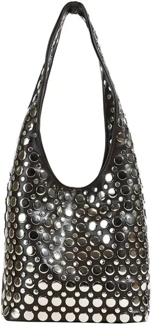 Y2k 90s Crescent Hobo Bags Women Studded PU Leather Shoulder Crossbody Purse Trendy Punk Underarm Satchels Bag Tote Handbag