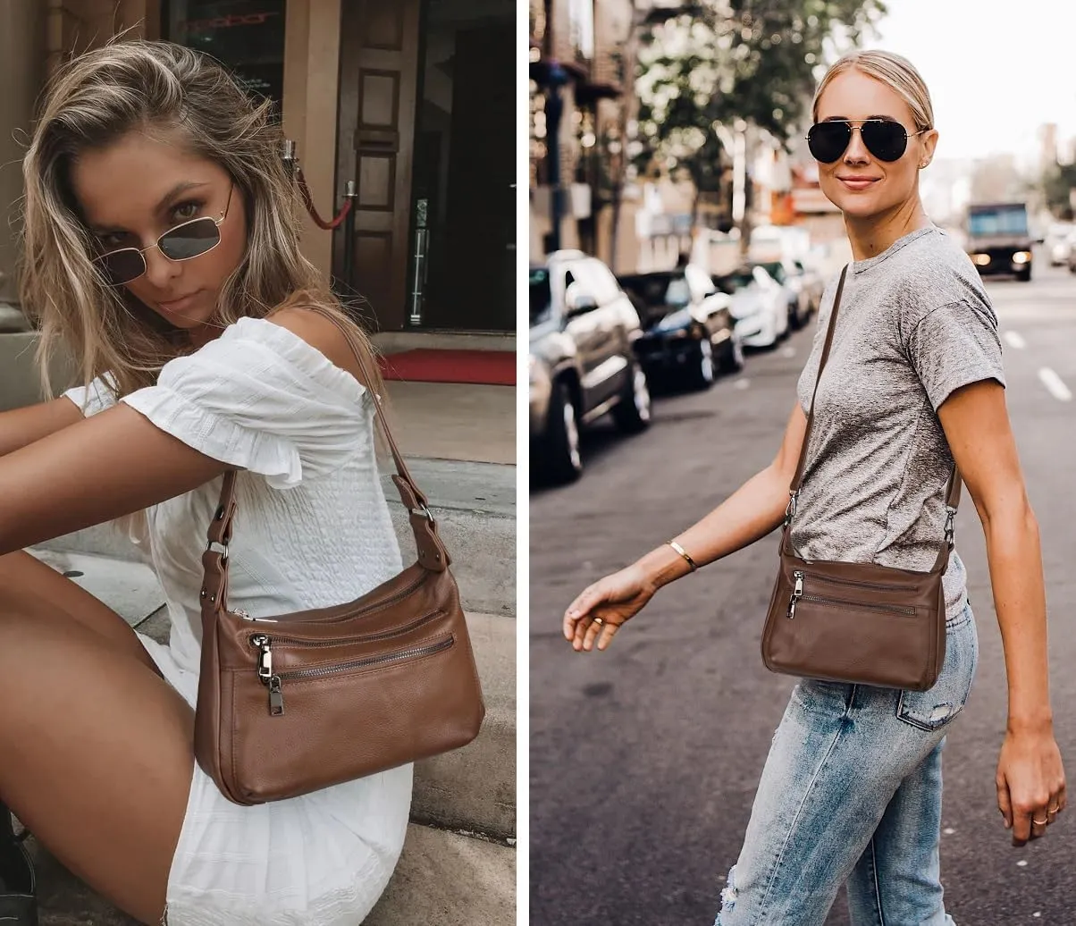 YALUXE Genuine Leather Shoulder Bag Medium Size Handbag Purse Multi Zip Pockets Crossbody Bags for Women