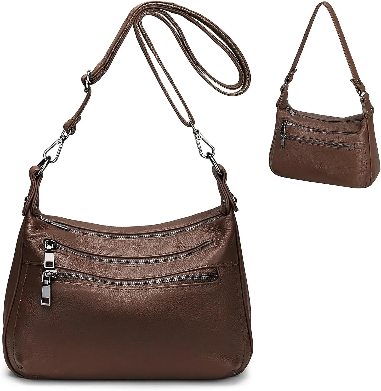 YALUXE Genuine Leather Shoulder Bag Medium Size Handbag Purse Multi Zip Pockets Crossbody Bags for Women