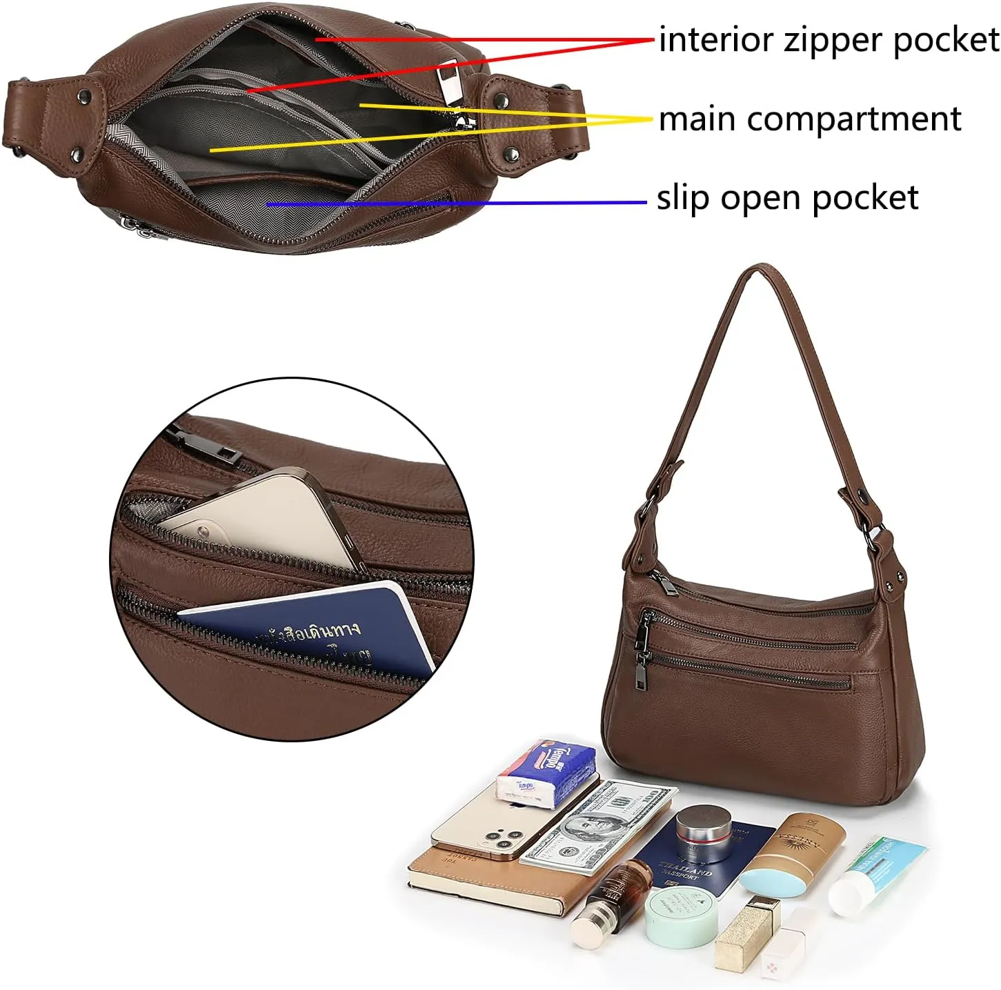 YALUXE Genuine Leather Shoulder Bag Medium Size Handbag Purse Multi Zip Pockets Crossbody Bags for Women