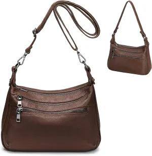 YALUXE Genuine Leather Shoulder Bag Medium Size Handbag Purse Multi Zip Pockets Crossbody Bags for Women