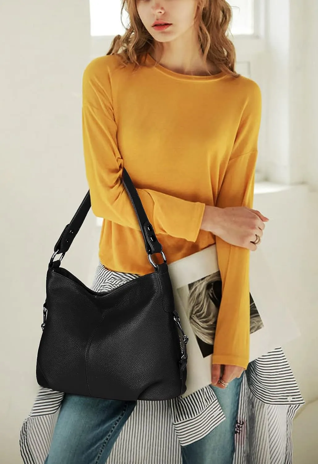 YALUXE Genuine Leather Shoulder Bags Stylish Hobo Handbags Purses Crossbody Bags for Women