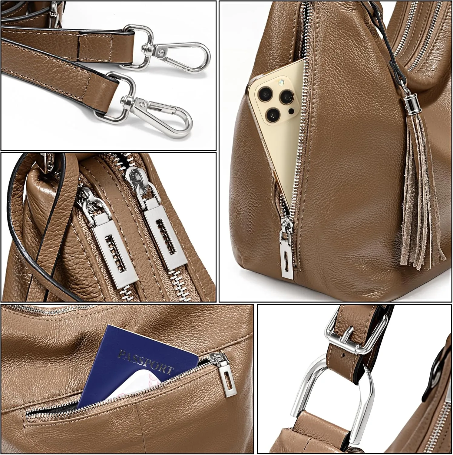 YALUXE Women's Genuine Leather Hobo Handbags Purses Shoulder Bags Cross-body Bags with Double Zippered Pockets