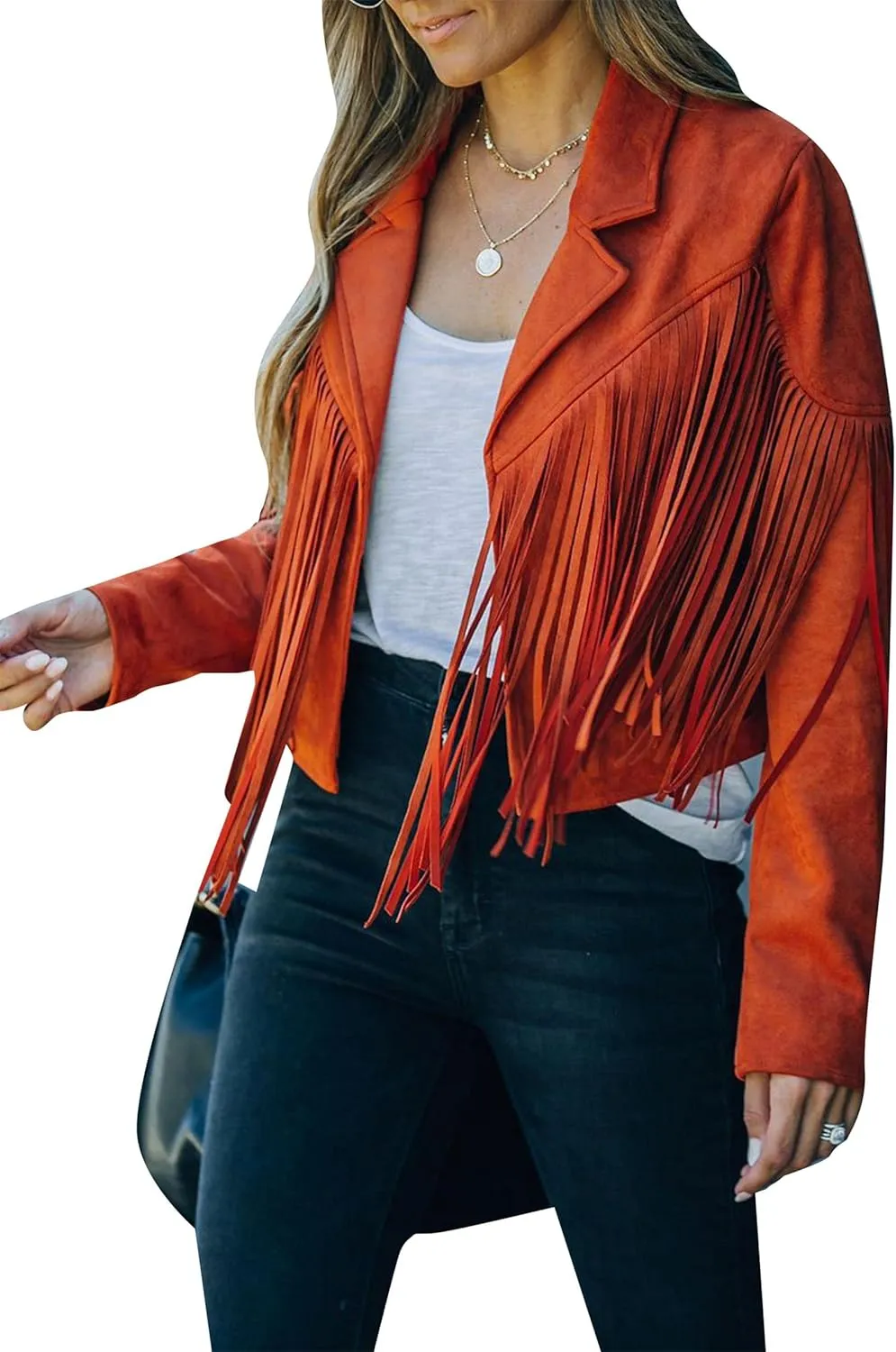YMING Womens Faux Suede Tassel Cropped Jacket Long Sleeve Fringe Coat Vintage Motorcycle Jackets