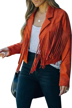 YMING Womens Faux Suede Tassel Cropped Jacket Long Sleeve Fringe Coat Vintage Motorcycle Jackets