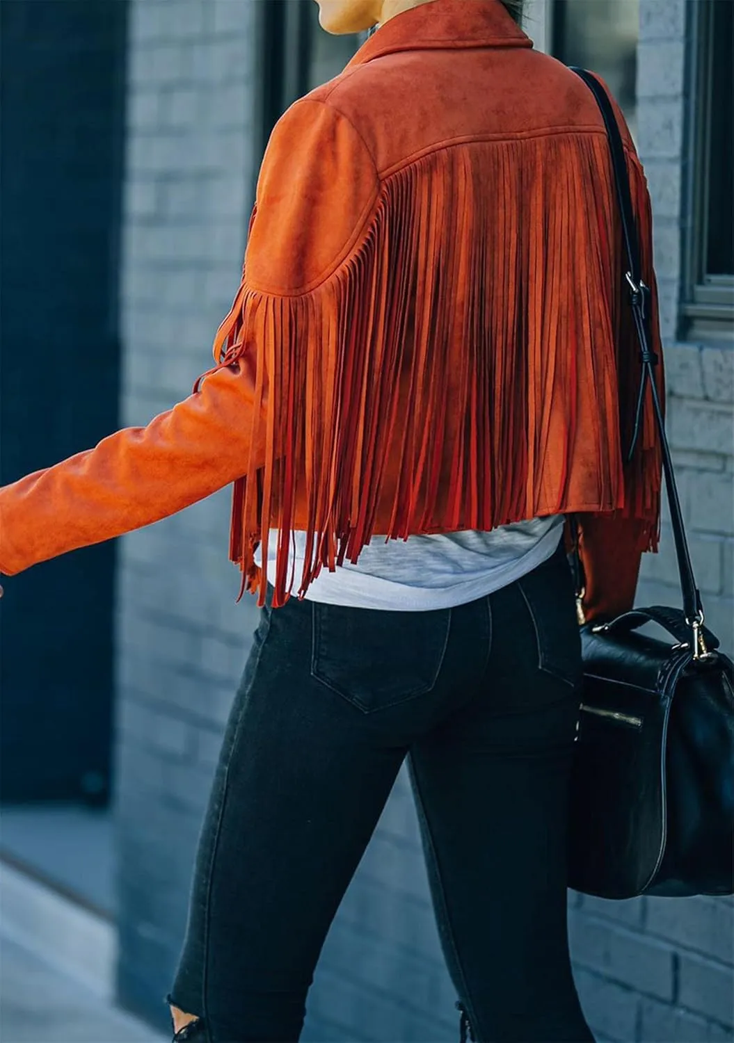 YMING Womens Faux Suede Tassel Cropped Jacket Long Sleeve Fringe Coat Vintage Motorcycle Jackets