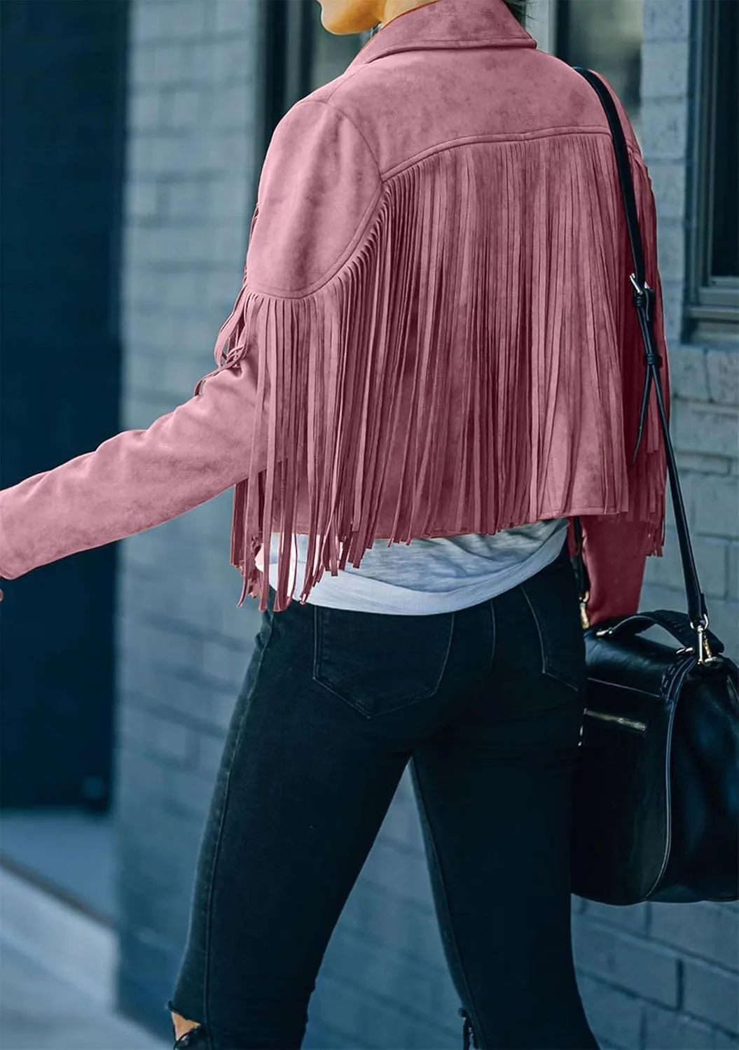 YMING Womens Faux Suede Tassel Cropped Jacket Long Sleeve Fringe Coat Vintage Motorcycle Jackets